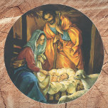 Vintage Christmas Nativity, Baby Jesus in Manger Classic Round Sticker<br><div class="desc">Vintage illustration religious Christmas holiday design featuring a classic nativity. A Christian religion family scene with Mary,  Joseph and the infant Jesus Christ in the manger with lamb and sheep. Bethlehem.</div>