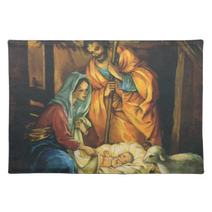 Vintage Christmas Nativity, Baby Jesus in Manger Cloth Placemat