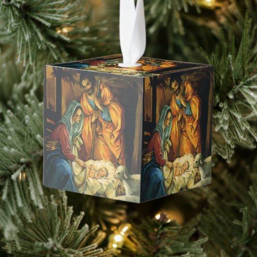Vintage Christmas Nativity Baby Jesus in Manger Cube Ornament