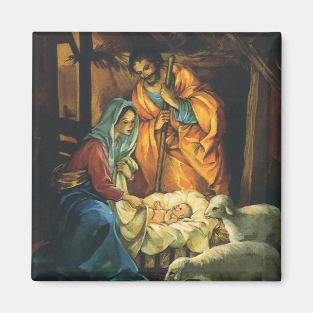 Vintage Christmas Nativity, Baby Jesus in Manger Magnet (Front)