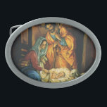 Vintage Christmas Nativity, Baby Jesus in Manger Oval Belt Buckle<br><div class="desc">Vintage illustration religious Christmas holiday design featuring a classic nativity. A Christian religion family scene with Mary,  Joseph and the infant Jesus Christ in the manger with lamb and sheep. Bethlehem.</div>