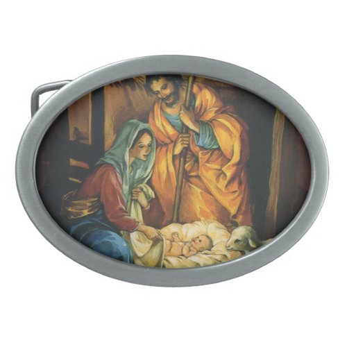 Vintage Christmas Nativity Baby Jesus in Manger Oval Belt Buckle