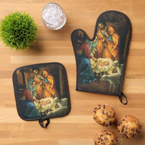 Vintage Christmas Nativity Baby Jesus in Manger Oven Mitt  Pot Holder Set