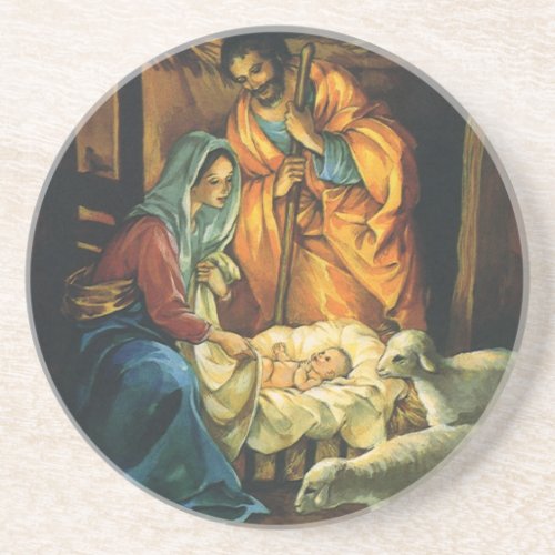 Vintage Christmas Nativity Baby Jesus in Manger Sandstone Coaster