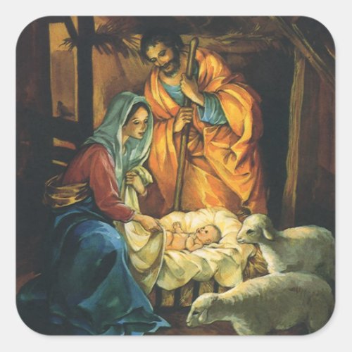 Vintage Christmas Nativity Baby Jesus in Manger Square Sticker