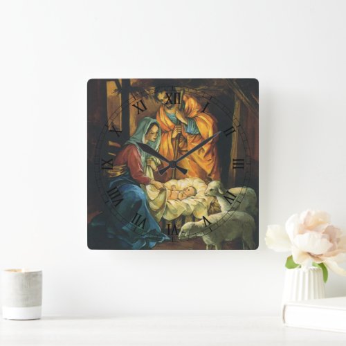 Vintage Christmas Nativity Baby Jesus in Manger Square Wall Clock