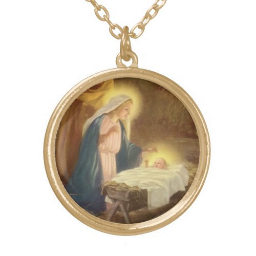 Vintage Christmas Nativity Mary Joseph Baby Gold Plated Necklace