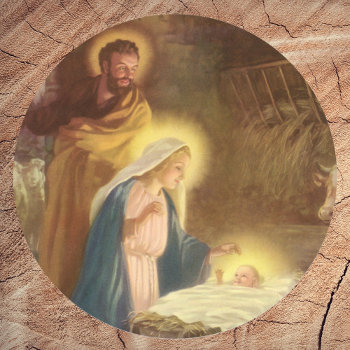 Vintage Christmas Nativity  Mary Joseph Baby Jesus Classic Round Sticker by ChristmasCafe at Zazzle
