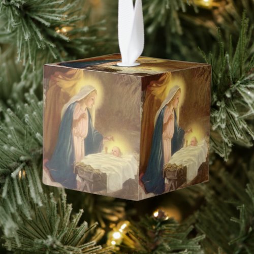 Vintage Christmas Nativity Mary Joseph Baby Jesus Cube Ornament