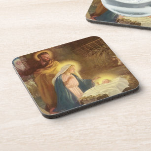 Vintage Christmas Nativity, Mary Joseph Baby Jesus Drink Coaster