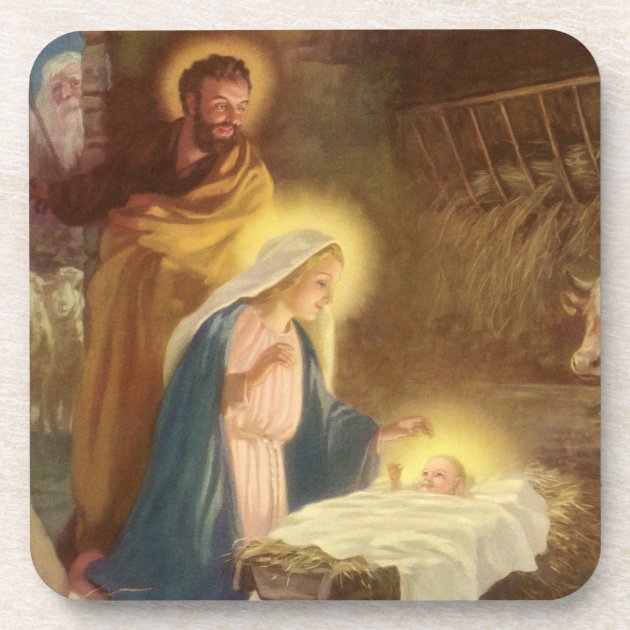 Vintage Christmas Nativity, Mary Joseph Baby Jesus Drink Coaster 