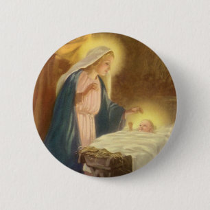 Vintage Christmas Nativity, Mary Joseph Baby Jesus Pinback Button