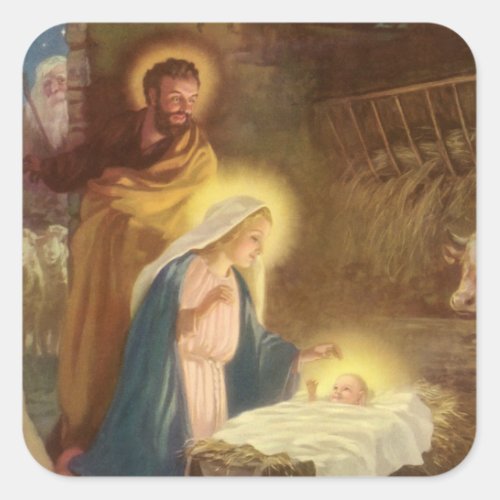 Vintage Christmas Nativity Mary Joseph Baby Jesus Square Sticker