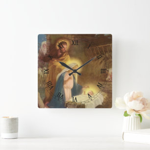 Vintage Christmas Nativity, Mary Joseph Baby Jesus Square Wall Clock