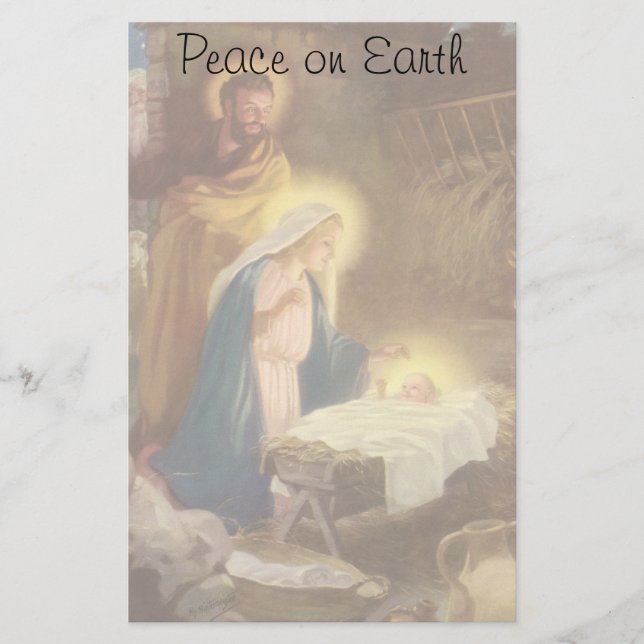 Vintage Christmas Nativity, Mary Joseph Baby Jesus Stationery (Front)