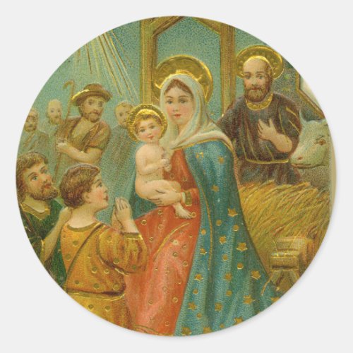 Vintage Christmas Nativity Scene Classic Round Sticker