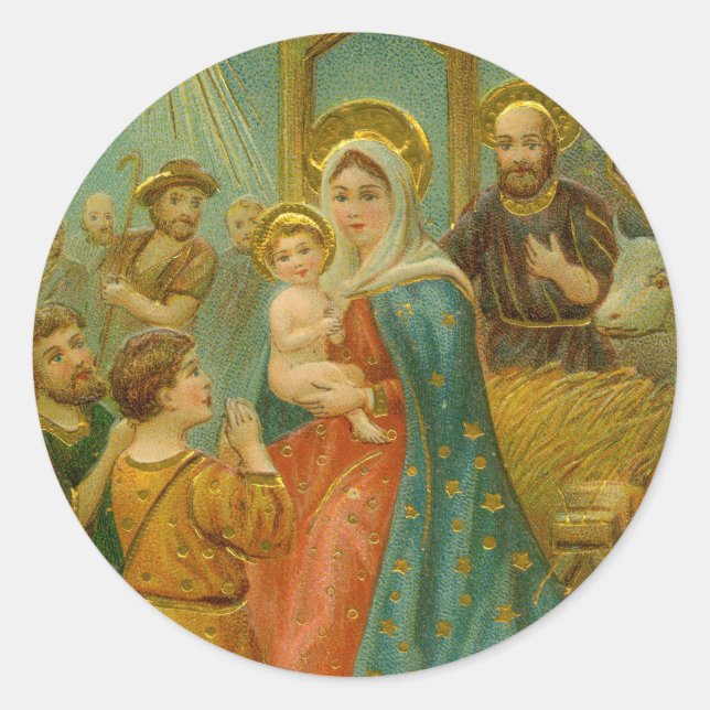 Vintage Christmas Nativity Scene Classic Round Sticker (Front)
