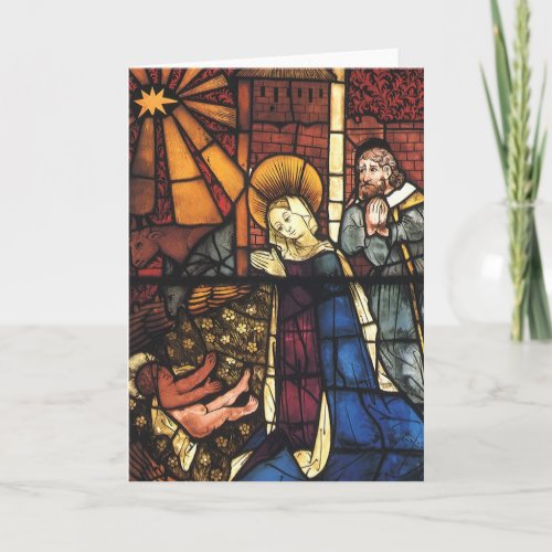 Vintage Christmas Nativity Scene in Stained Glass Holiday Card