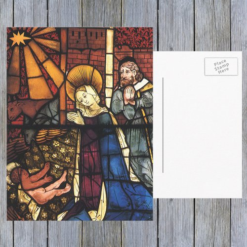 Vintage Christmas Nativity Scene in Stained Glass Holiday Postcard