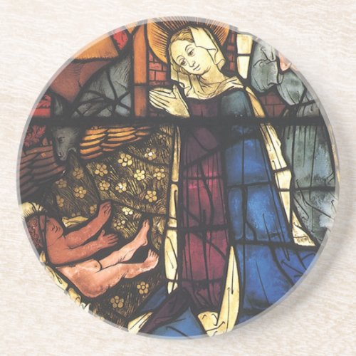Vintage Christmas Nativity Scene in Stained Glass Sandstone Coaster