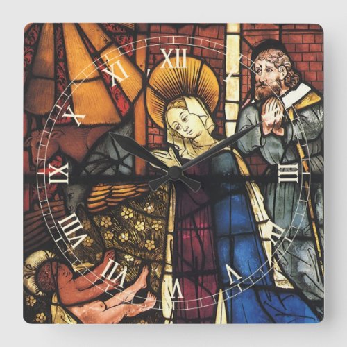 Vintage Christmas Nativity Scene in Stained Glass Square Wall Clock