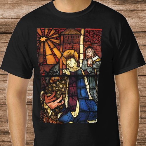 Vintage Christmas Nativity Scene in Stained Glass T_Shirt
