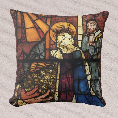 Vintage Christmas Nativity Scene in Stained Glass Throw Pillow