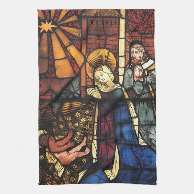 Vintage Christmas Nativity Scene in Stained Glass Towel (Vertical)