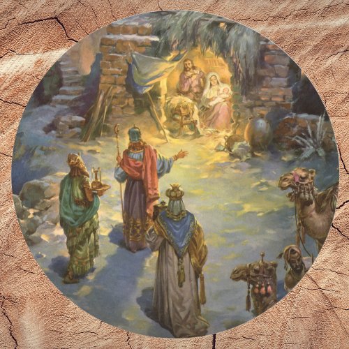 Vintage Christmas Nativity with Visiting Magi Classic Round Sticker