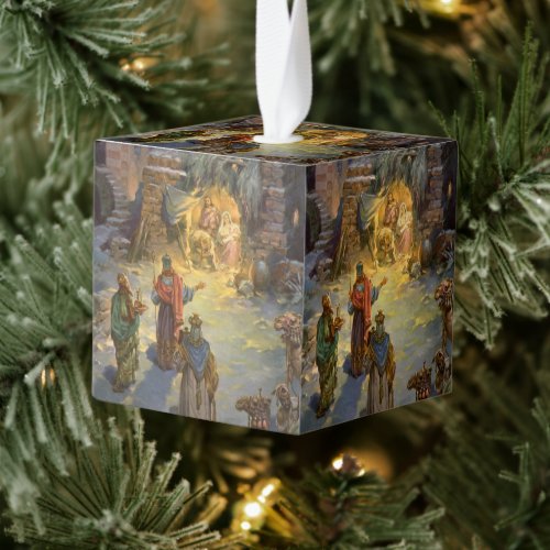Vintage Christmas Nativity with Visiting Magi Cube Ornament