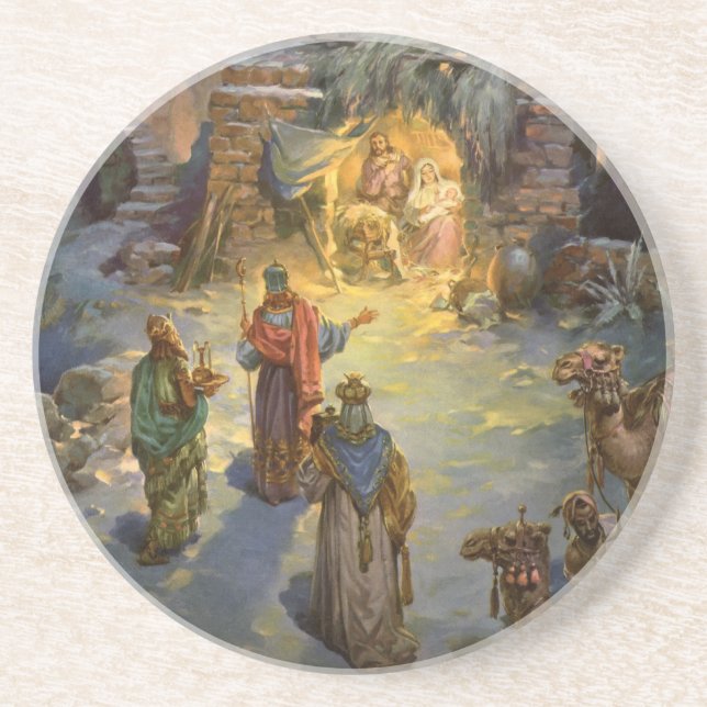 Vintage Christmas Nativity with Visiting Magi Drink Coaster (Front)