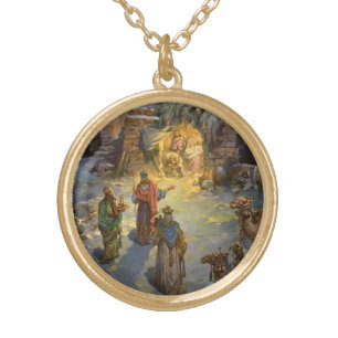 Vintage Christmas Nativity with Visiting Magi Gold Plated Necklace