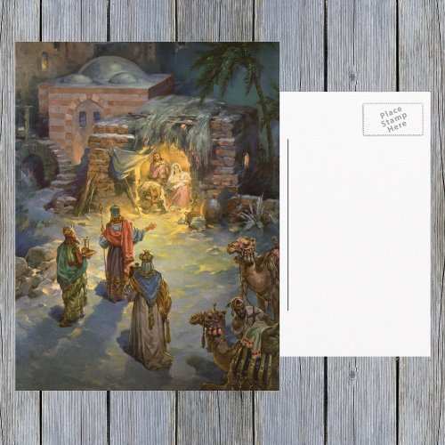 Vintage Christmas Nativity with Visiting Magi Holiday Postcard