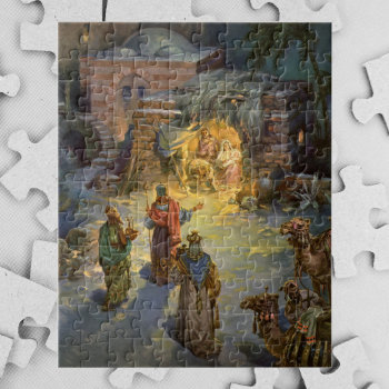 Vintage Christmas Nativity With Visiting Magi Jigsaw Puzzle by ChristmasCafe at Zazzle