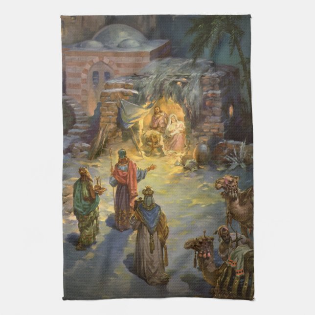 Vintage Christmas Nativity with Visiting Magi Kitchen Towel (Vertical)