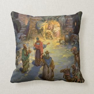 Vintage Christmas Nativity with Visiting Magi Throw Pillow