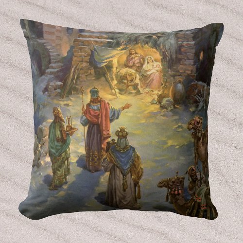 Vintage Christmas Nativity with Visiting Magi Throw Pillow