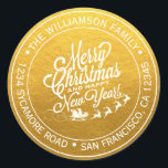 Vintage Christmas New Year Gold Return Address Classic Round Sticker<br><div class="desc">Christmas family round return address sticker with your name and address in stylish typography with a pretty hand drawn vintage Merry Christmas and Happy New Year image on a classic gold background. Simply add your name and address. Exclusively designed for you by Happy Dolphin Studio. If you need any help...</div>