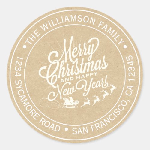 Vintage Christmas New Year Kraft Return Address Classic Round Sticker