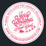 Vintage Christmas New Year Made with Love Business Classic Round Sticker<br><div class="desc">Modern Christmas made with love business website sticker with your name and website in red stylish typography features a pretty hand drawn vintage Merry Christmas and Happy New Year image on a white background. Simply add your name and business name. Exclusively designed for you by Happy Dolphin Studio. If you...</div>