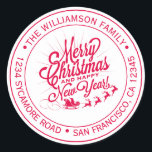 Vintage Christmas New Year Red Ink Return Address Classic Round Sticker<br><div class="desc">Christmas family round return address sticker with your name and address in red stylish typography with a pretty hand drawn vintage Merry Christmas and Happy New Year image on a white background. Simply add your name and address. Exclusively designed for you by Happy Dolphin Studio. If you need any help...</div>