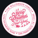 Vintage Christmas New Year Red Ink Return Address Classic Round Sticker<br><div class="desc">Christmas family round return address sticker with your name and address in red stylish typography with a pretty hand drawn vintage Merry Christmas and Happy New Year image on a white background. Simply add your name and address. Exclusively designed for you by Happy Dolphin Studio. If you need any help...</div>