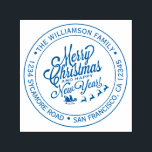 Vintage Christmas New Year Round Return Address Self-inking Stamp<br><div class="desc">Christmas family round return address self-inking stamp with your name and address in blue stylish typography with a pretty hand drawn vintage Merry Christmas and a Happy New Year image. Simply add your name and address. Exclusively designed for you by Happy Dolphin Studio. If you need any help or matching...</div>