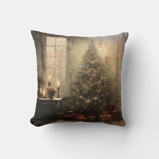 Vintage Christmas Night Throw Pillow (Front)