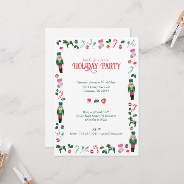 Vintage Christmas Nutcracker Holiday Party Invitation (Front/Back In Situ)