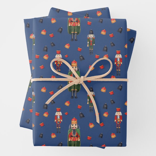Vintage Christmas Nutcrackers Blue Wrapping Paper Sheets (In situ)
