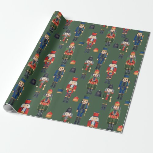 Vintage Christmas Nutcrackers Green Wrapping Paper