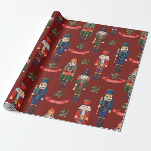 Vintage Christmas Nutcrackers Merry Christmas Red Wrapping Paper