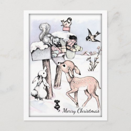 Vintage Christmas of Animals with Gifts Holiday Postcard