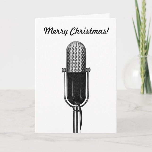 Vintage Christmas, Old Fashoined Retro Microphone Holiday Card (Front)